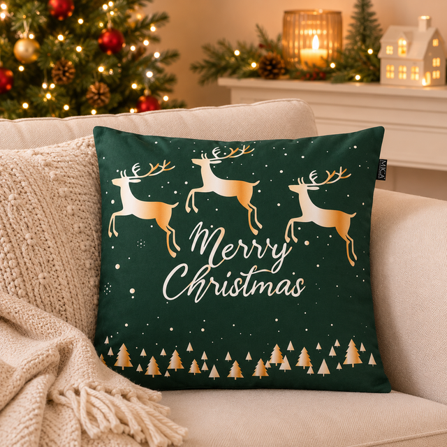 Merry Christmas Reindeer Cushion Green 45 x 45cm