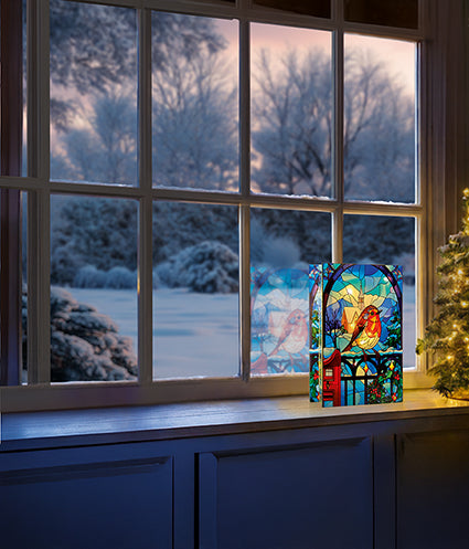 Premier Battery Operated Lit Robin on Gate Stained Glass Table Decoration 26cm
