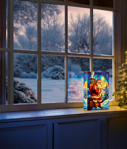 Premier Battery Operated Lit Santa on Chimney Stained Glass Table Decoration 26cm