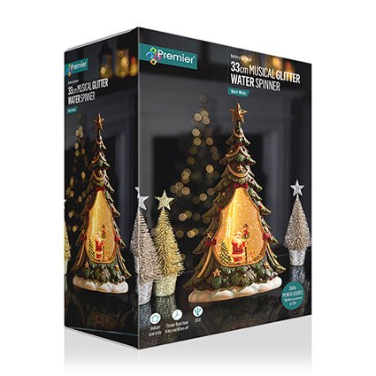 Premier Lit Musical Santa Scene Tree Water Spinner 33cm - XMAS ROOM DECORATION - LIGHT UP - Beattys of Loughrea