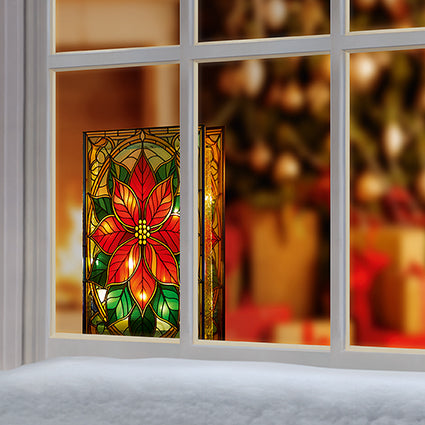 Premier Battery Operated Lit Poinsettia Stained Glass Table Decoration 21 x 13cm