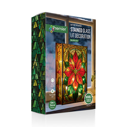 Premier Battery Operated Lit Poinsettia Stained Glass Table Decoration 21 x 13cm