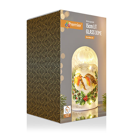 Premier Battery Operated Lit Glass Dome with Robin Scene 15cm