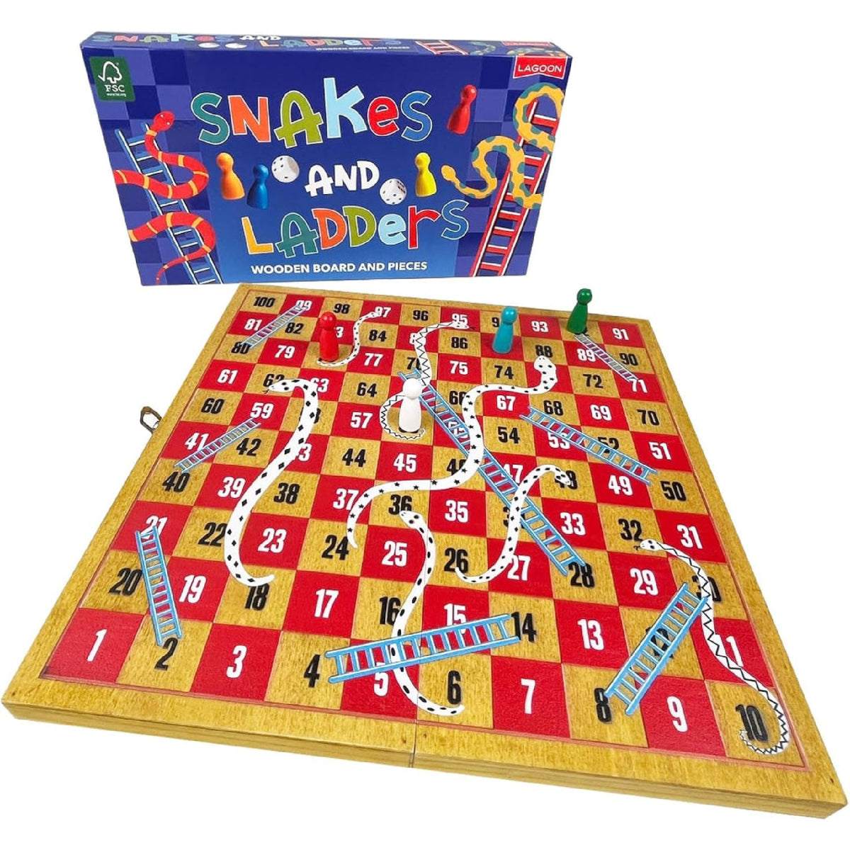 Lagoon Wooden Snakes & Ladders Set with Folding Board