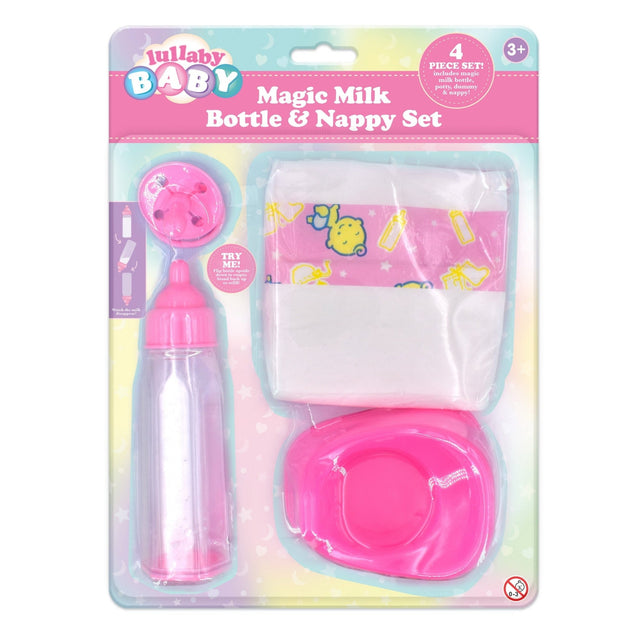 Lullaby Baby 4pc Nappy And Feeding Bottle Set - DOLL ACCESSORIES/PRAMS - Beattys of Loughrea