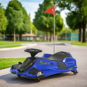 Blue toy car with a red flag on a road in a park setting