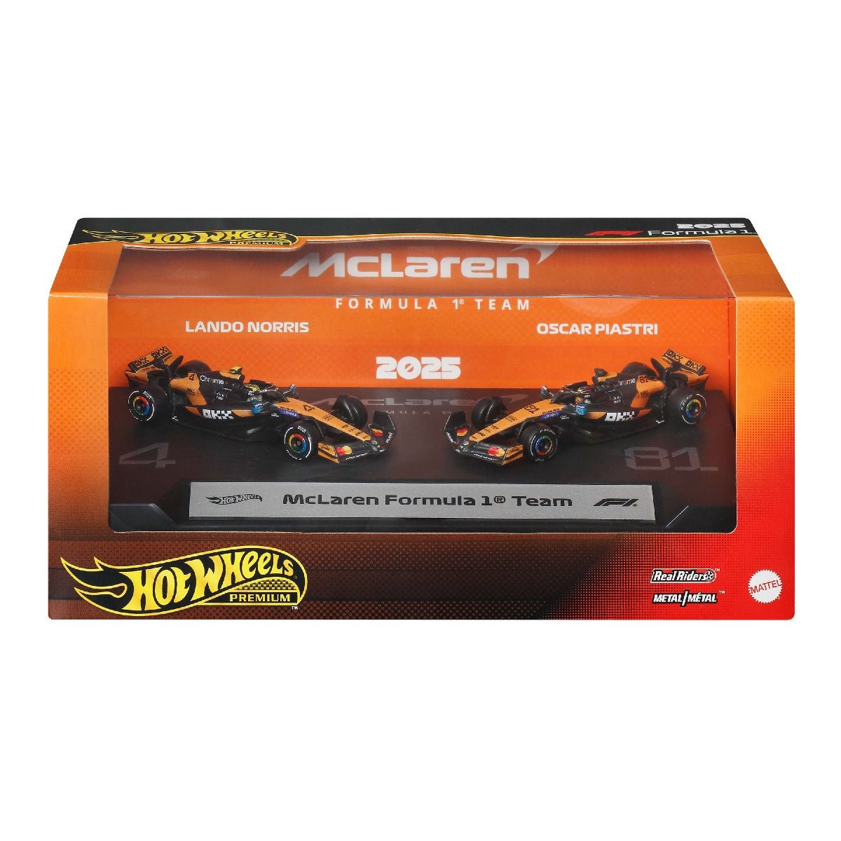 Hot Wheels Premium Formula 1 2-Pack: McLaren Formula 1 Team (Piastri & Norris) - CARS/GARAGE/TRAINS - Beattys of Loughrea