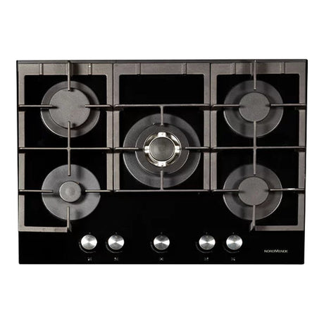 NordMende HGX703BGL 70cm 5 Burner Gas Hob with Wok Burner, Black Glass - HOBS FULL SIZE 4+ RINGS - Beattys of Loughrea
