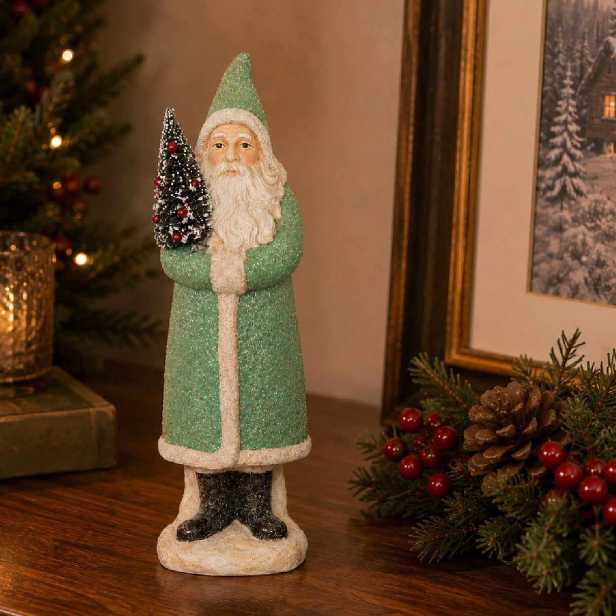 Green Santa Claus Resin Ornament 31cm - XMAS CERAMIC WOOD RESIN GLASS ORNAMENTS - Beattys of Loughrea