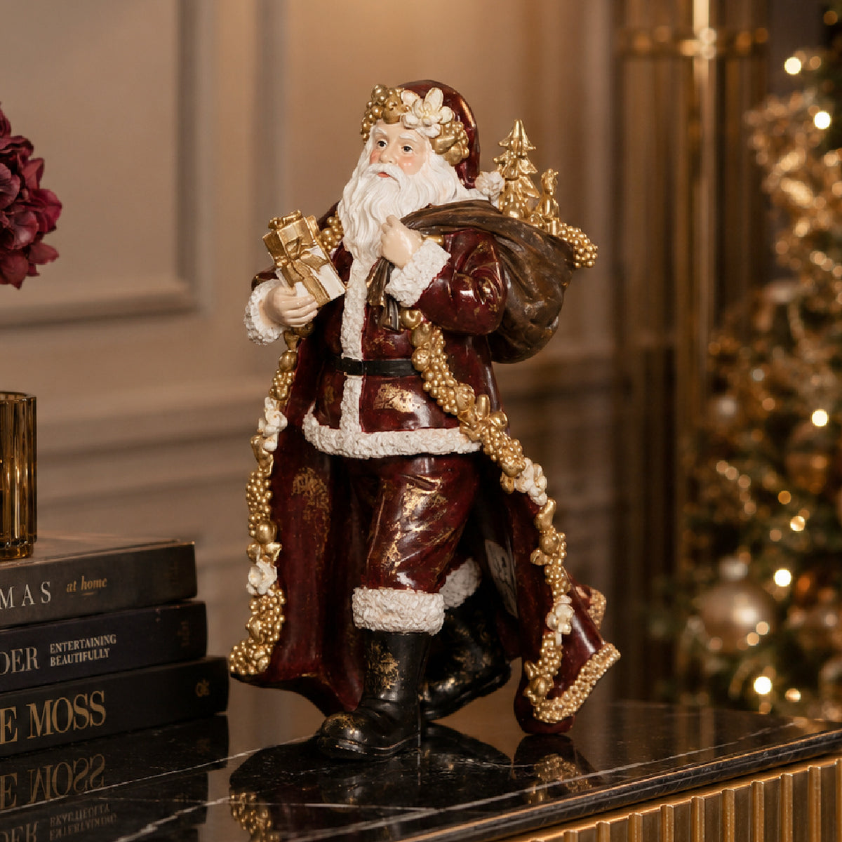 Vintage Red & Gold Santa Claus Ceramic Ornament 36cm