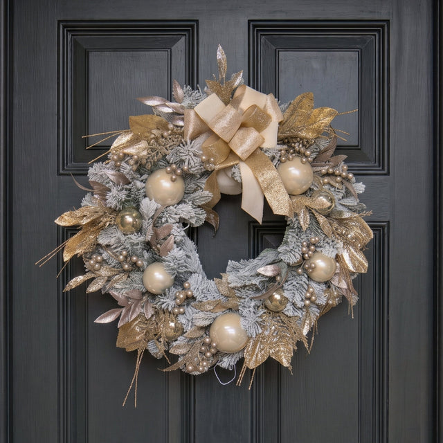 Luxury Champagne Bow Christmas Wreath 76cm - XMAS WREATHS - Beattys of Loughrea