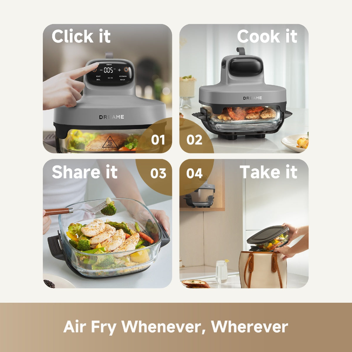 Dreame Tasti PT60 5-in-1 Portable Glass Air Fryer - Grey