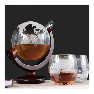 Globe Glass Decanter Set with 2 Glasses &amp; Wooden Cradle