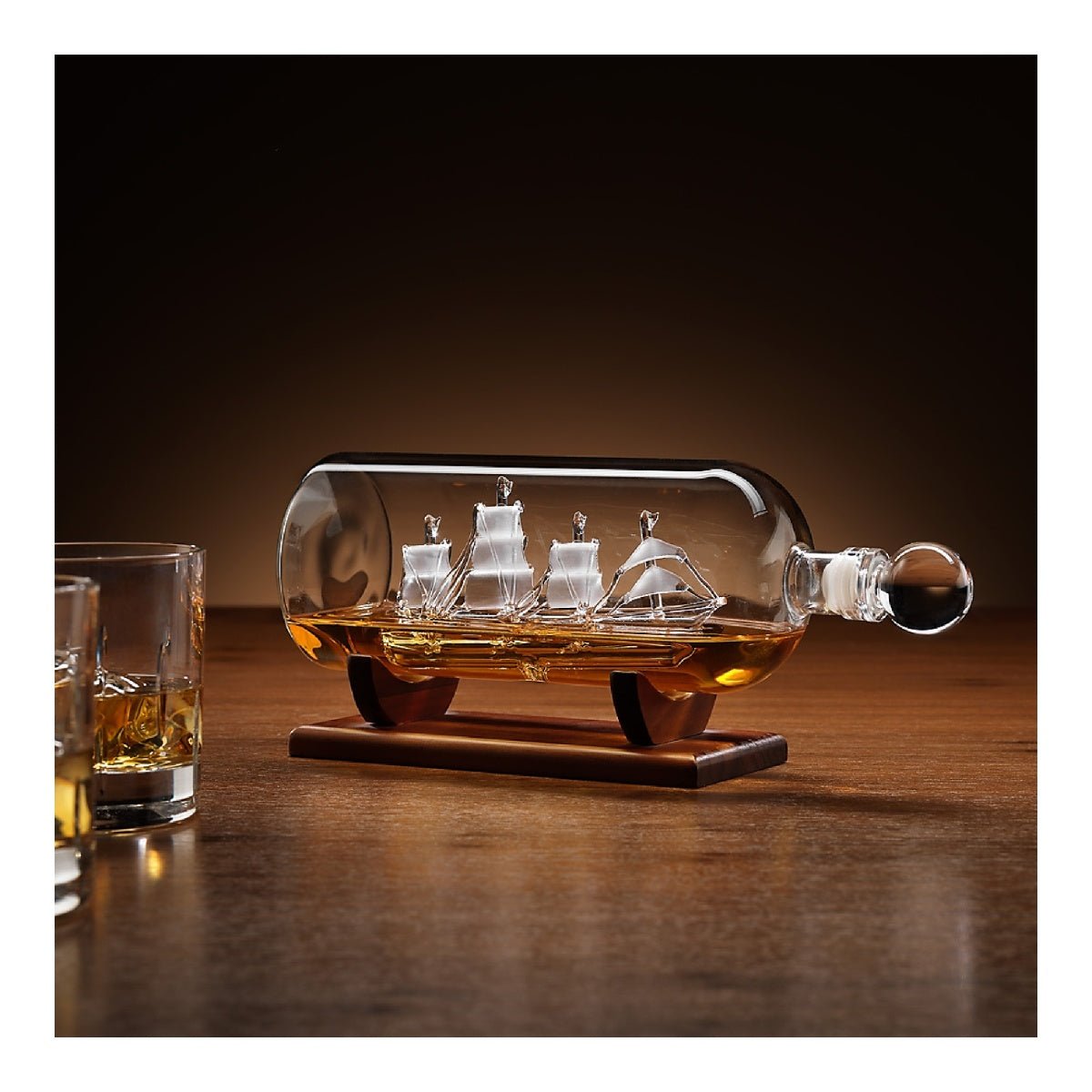 Ship in a Bottle Glass Decanter with Wooden Stand 1000ml - DRINKING GLASSES - Beattys of Loughrea