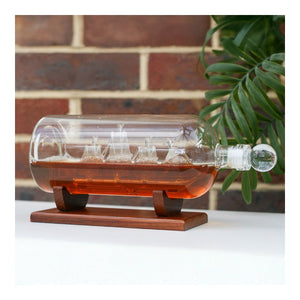 Ship in a Bottle Glass Decanter with Wooden Stand 1000ml - DRINKING GLASSES - Beattys of Loughrea