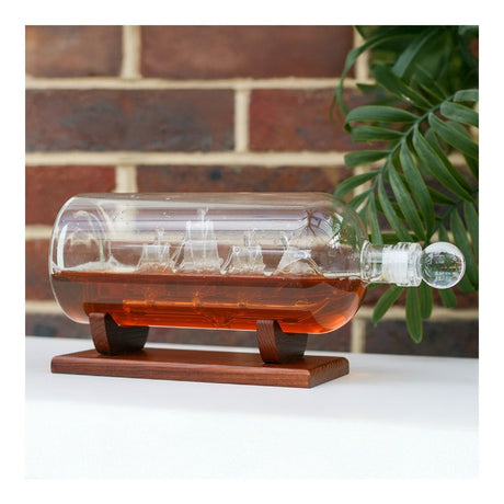 Ship in a Bottle Glass Decanter with Wooden Stand 1000ml - DRINKING GLASSES - Beattys of Loughrea