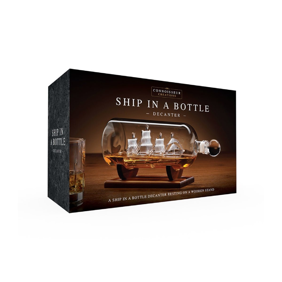 Ship in a Bottle Glass Decanter with Wooden Stand 1000ml - DRINKING GLASSES - Beattys of Loughrea
