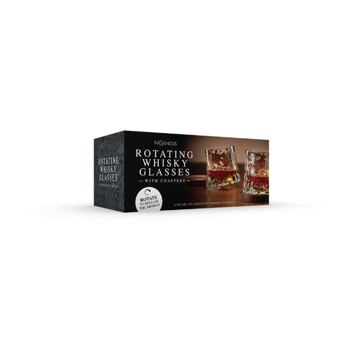 Rotating Whisky Glasses with Wooden Coasters – Set of 2