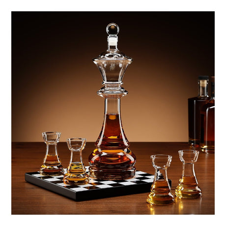 Luxury Chess Decanter Gift Set with Wooden Chessboard & 4 Rook Glasses - DRINKING GLASSES - Beattys of Loughrea