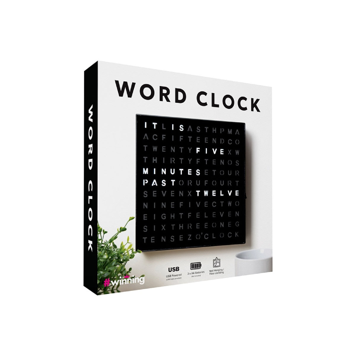 LED Digital Light Up Word Clock Black 20cm