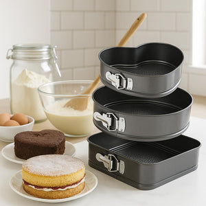 Latham & Hall Set of 3 Springform Non-Stick Cake Tins – Heart, Round & Square