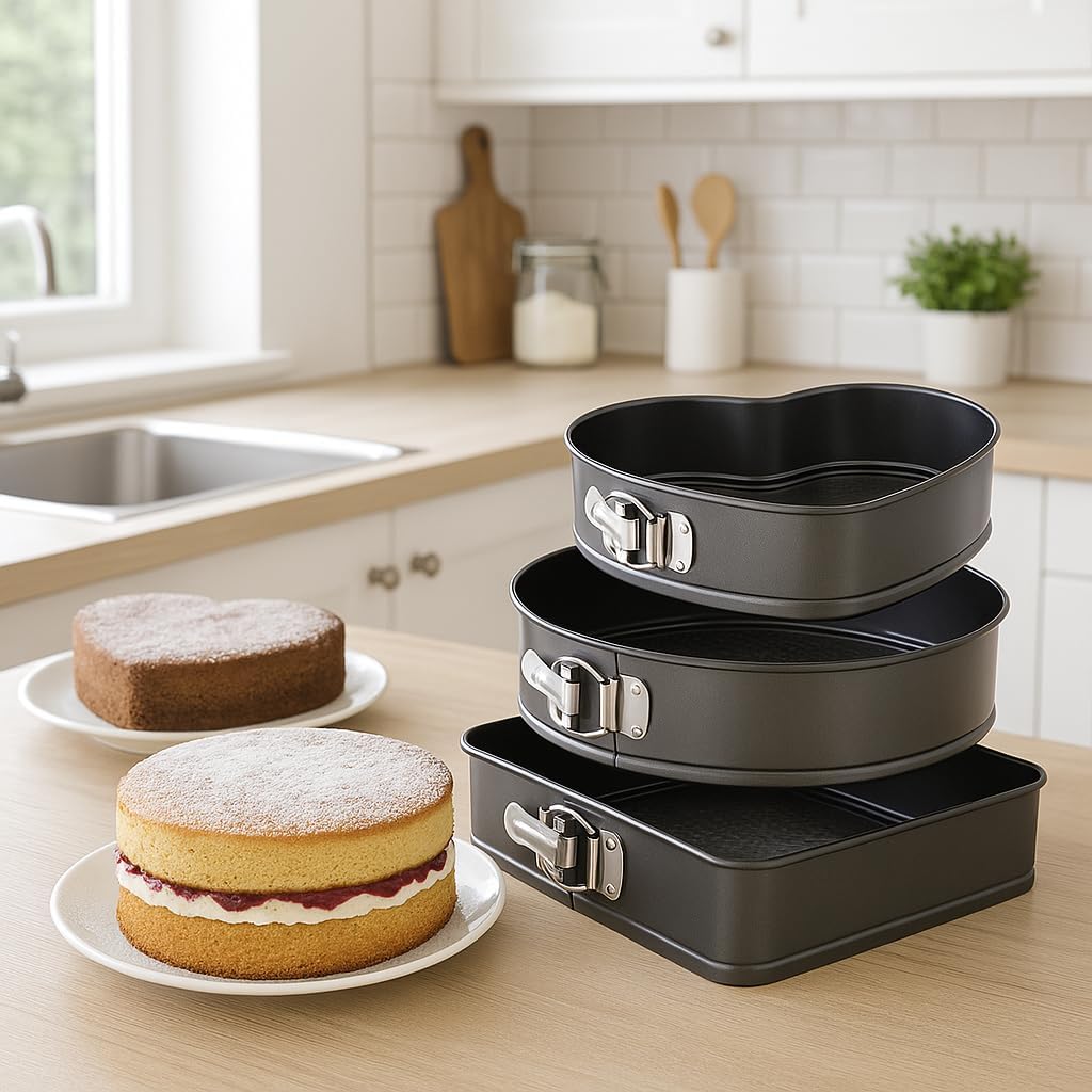 Latham & Hall Set of 3 Springform Non-Stick Cake Tins – Heart, Round & Square