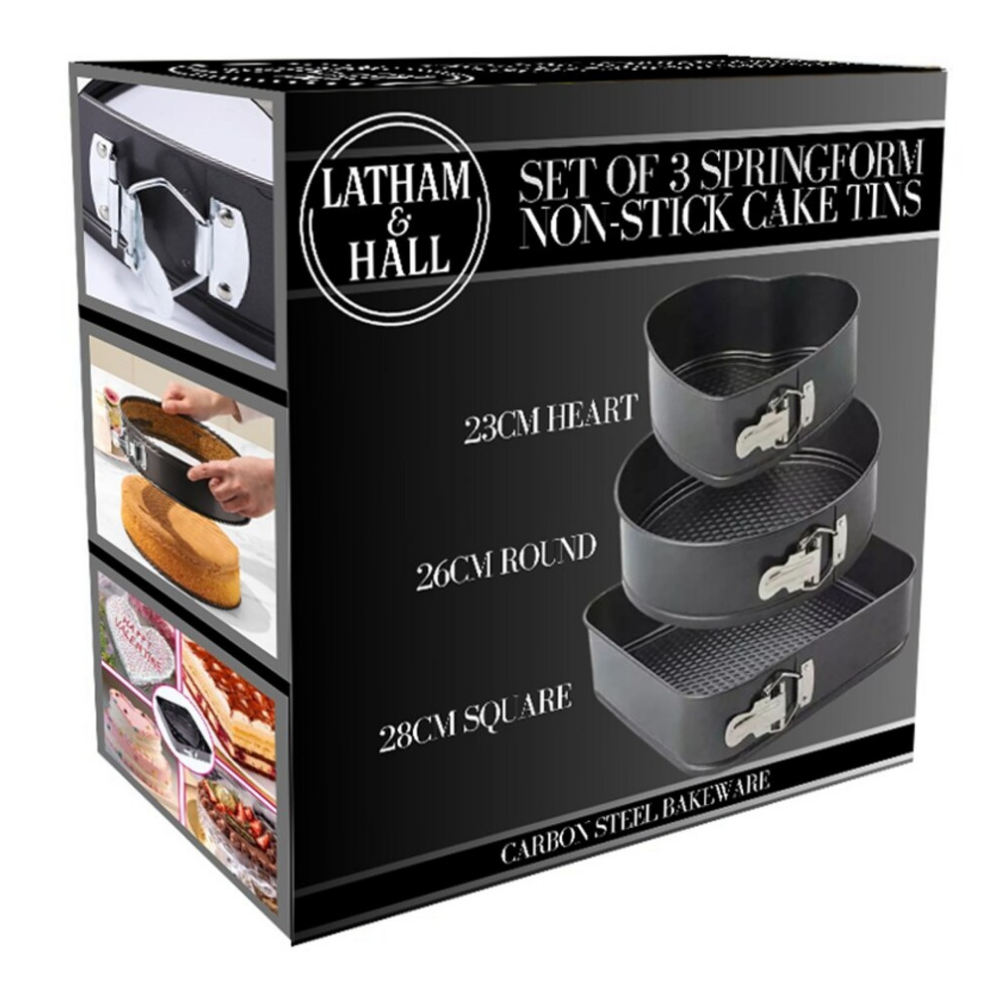 Latham & Hall Set of 3 Springform Non-Stick Cake Tins – Heart, Round & Square