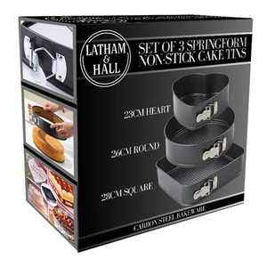 Latham & Hall Set of 3 Springform Non-Stick Cake Tins – Heart, Round & Square