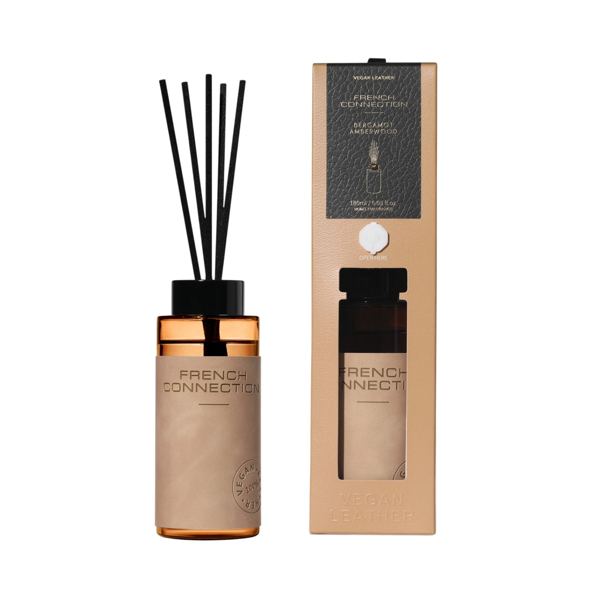 Bergamot & Amber Wood Reed Diffuser 180ml — French Connection Leather Collection - POT POURRI/AROMATHERAPY/OILS/DIFFUSER - Beattys of Loughrea