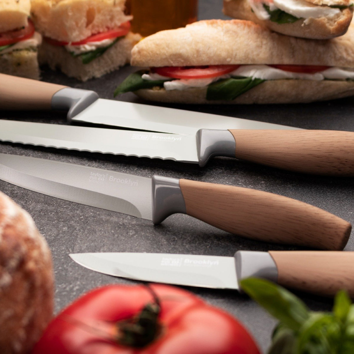 Taylor's Eye Witness Brooklyn 5 Piece Kitchen Knife Set with Bonus Sharpener, Beech
