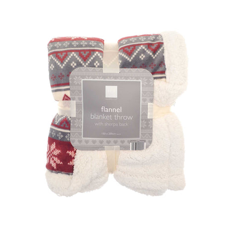 Nordic Flannel Blanket Throw with Sherpa Reverse 150 x 200cm – Red/Grey - THROWS/BLANKETS - Beattys of Loughrea