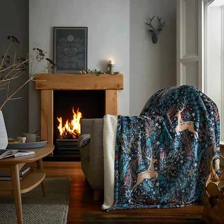 Winter Stags Sherpa Fleece Throw, Blue - 200x200cm - THROWS/BLANKETS - Beattys of Loughrea