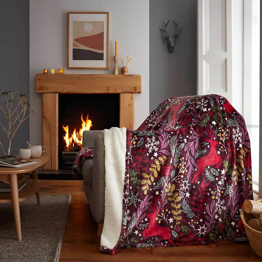 WINTER STAGS SHERPA FLEECE THROW BURGUNDY 130x170CMS UWIN1M