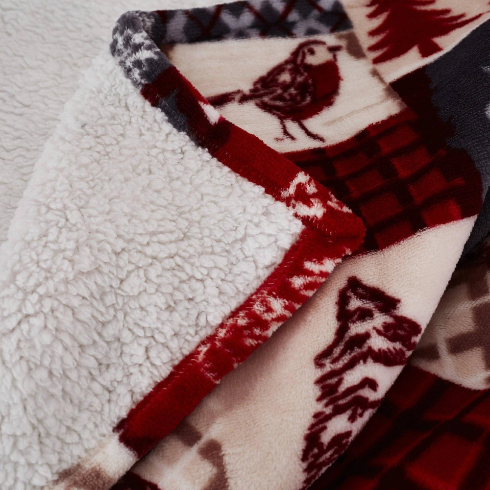 CHRISTMAS PATCHWORK SHERPA FLEECE THROW RED 130X170CMS UCHR1M