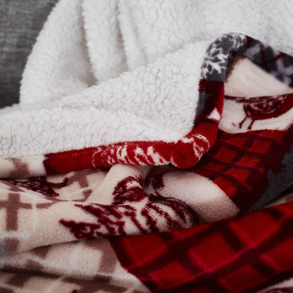CHRISTMAS PATCHWORK SHERPA FLEECE THROW RED 200x200CMS UCHR2M
