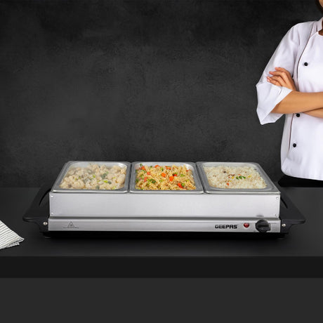 Geepas Stainless Steel Buffet Server 3 x 2.5L - PLATE/FOOD WARMER - Beattys of Loughrea