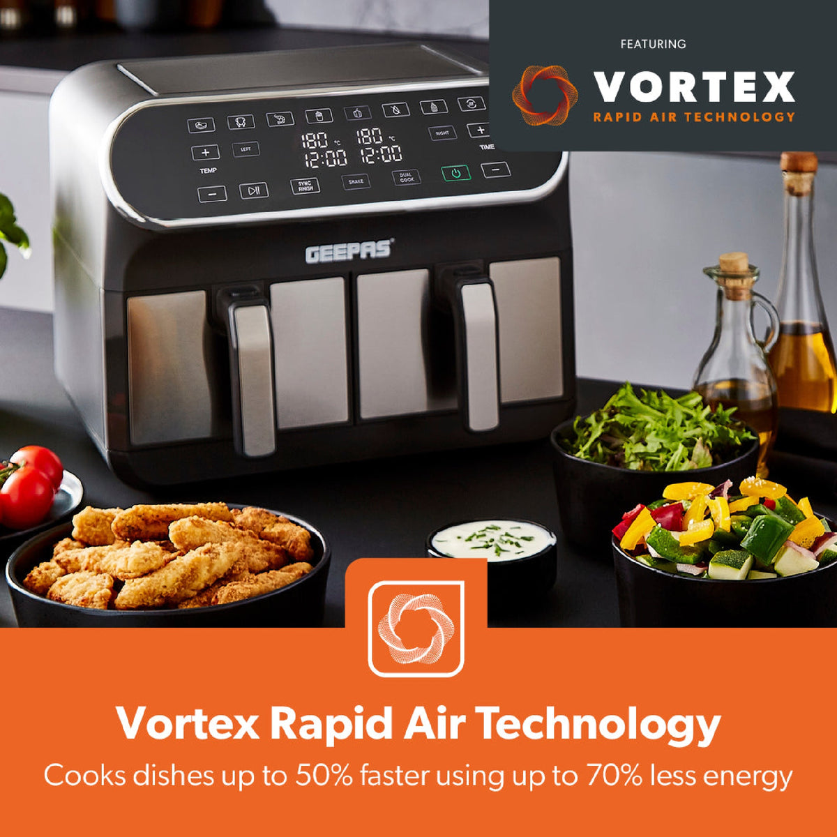 Geepas Vortex Air Fryer, 2 Basket 8L - AIR FRYER / DEEP FAT FRYERS - Beattys of Loughrea