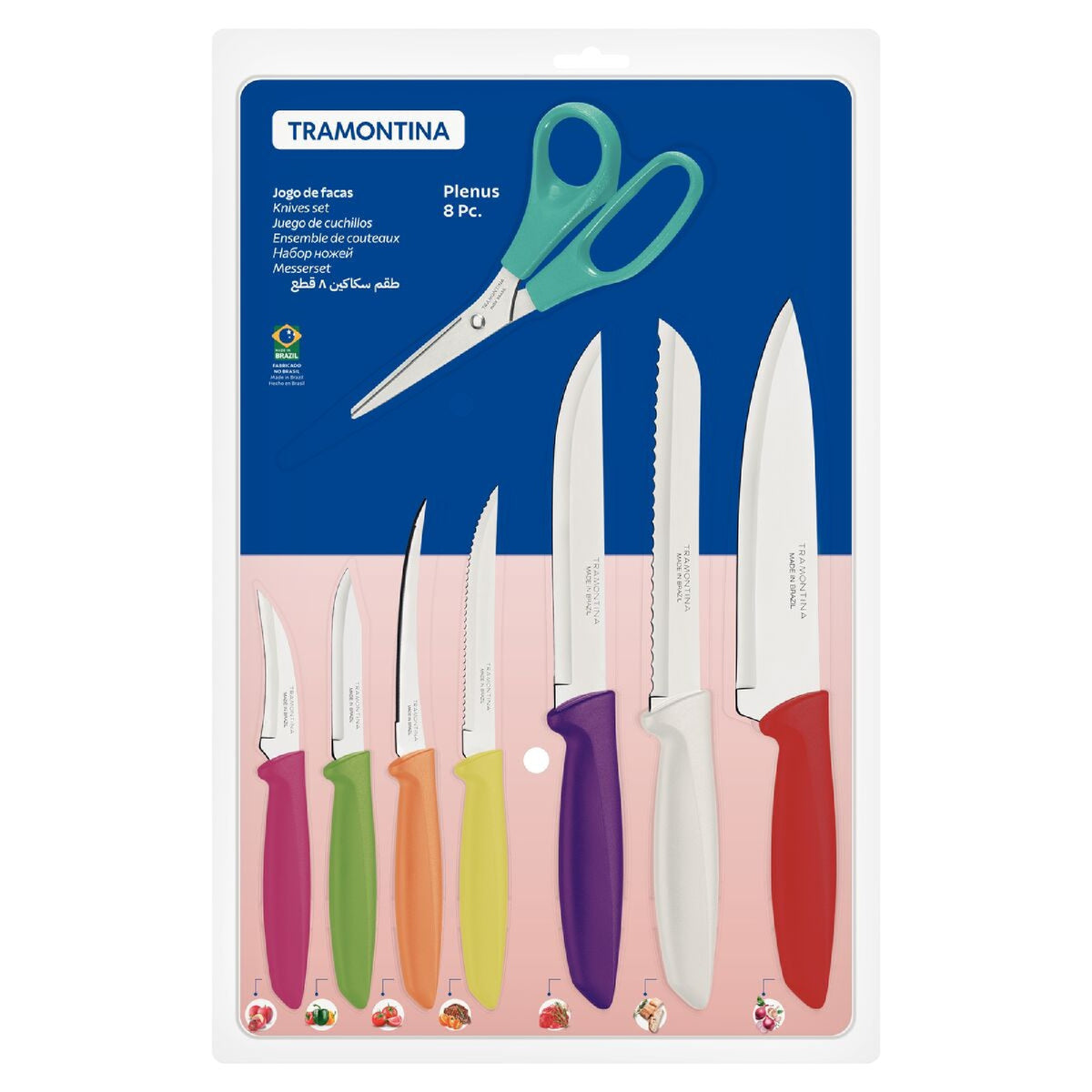 Tramontina Plenus 8-Piece Kitchen Knife Set, Coloured Handles