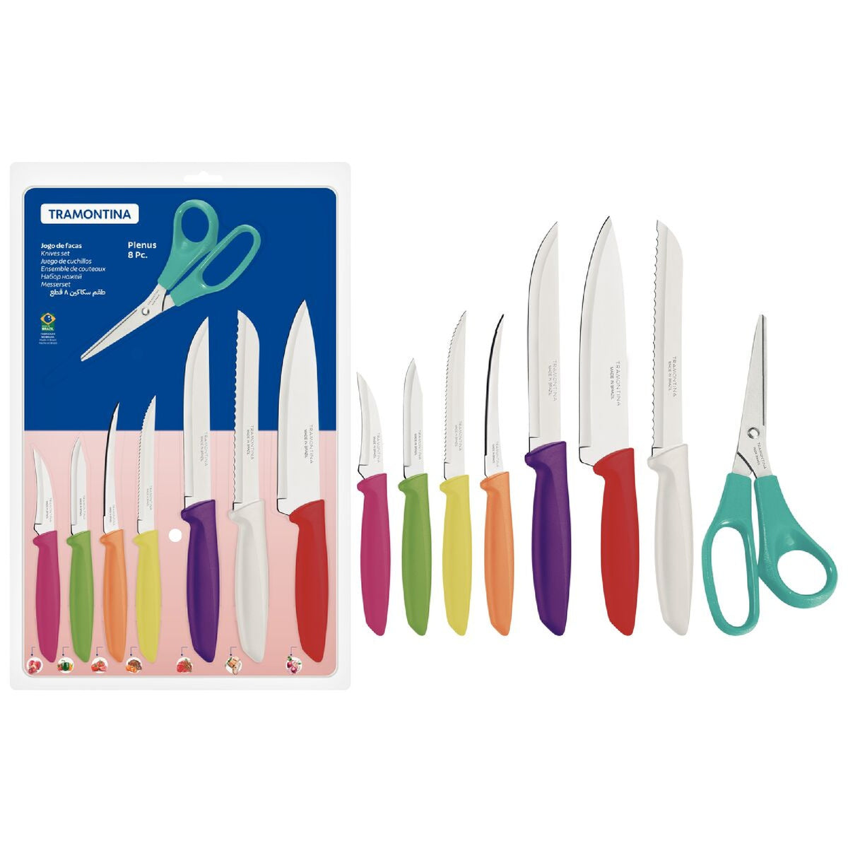Tramontina Plenus 8-Piece Kitchen Knife Set, Coloured Handles