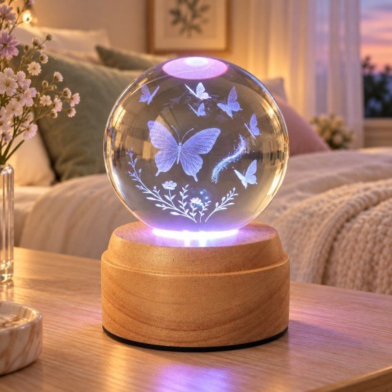 Butterflies Rotating 3D Crystal Globe Light - TABLE/BEDSIDE LAMPS - Beattys of Loughrea