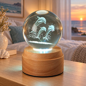 Dolphins Rotating 3D Crystal Globe Light - TABLE/BEDSIDE LAMPS - Beattys of Loughrea