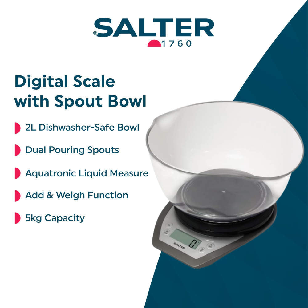 Salter Digital Kitchen Scale with Dual Pour Mixing Bowl, Silver