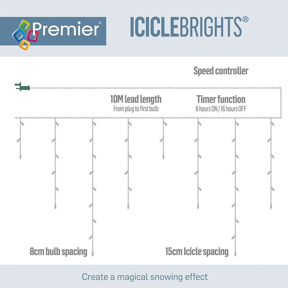 Premier 480 LED Snowing Iciclebrights with Timer, White, 11.8m