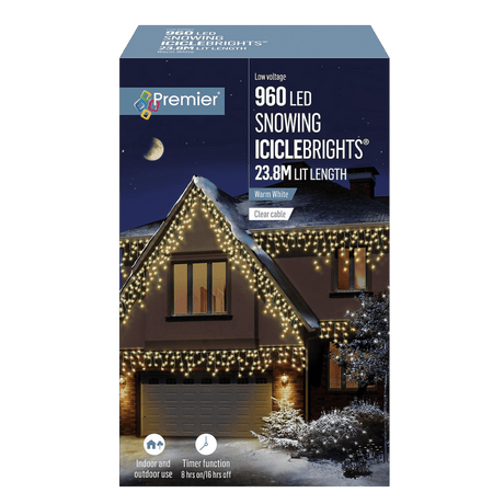 Premier Snowing 960 Warm White LED Icicle Lights with Timer Function - XMAS LIGHTS LED - Beattys of Loughrea