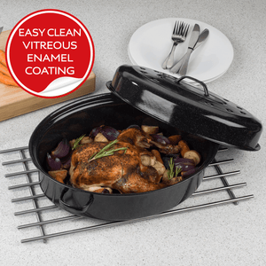 Russell Hobbs Self - Basting Vitreous Enamel Roaster and Lid 38cm - GENERAL COOKWARE - Beattys of Loughrea