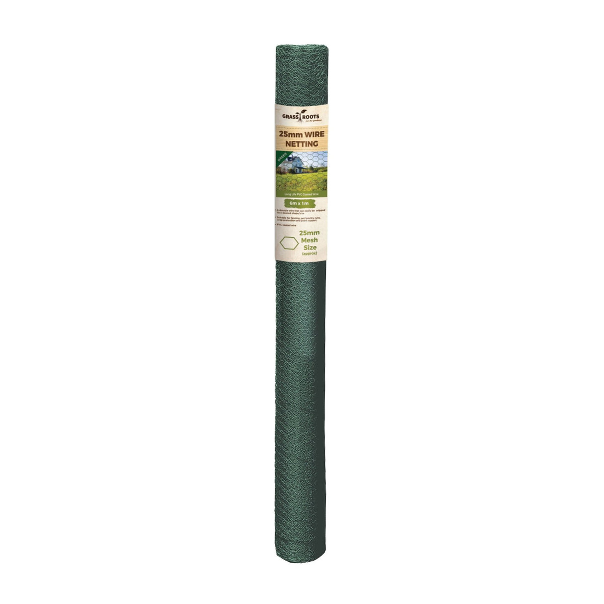 Grass Roots PVC Coated Green Wire Netting 6 x 1 Meter Roll 25mm Mesh
