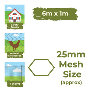 Grass Roots PVC Coated Green Wire Netting 6 x 1 Meter Roll 25mm Mesh