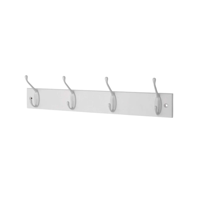 White Hat & Coat Hooks on a White Board – 4 Hook Slimline Rail (W455 × H58 mm) - HAT & COAT HOOK ON TIMBER - Beattys of Loughrea