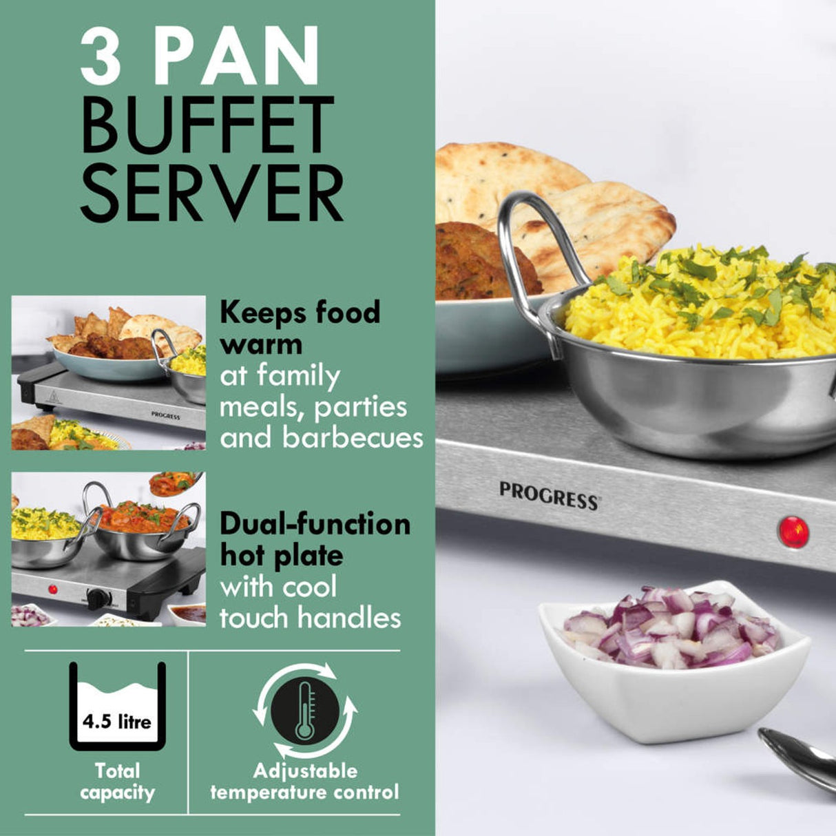 Progress 3 Pan Food Warmer Buffet Server, 3 x 1.5L