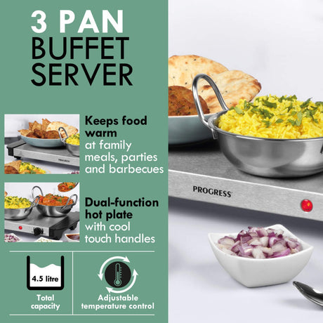 Progress 3 Pan Food Warmer Buffet Server, 3 x 1.5L